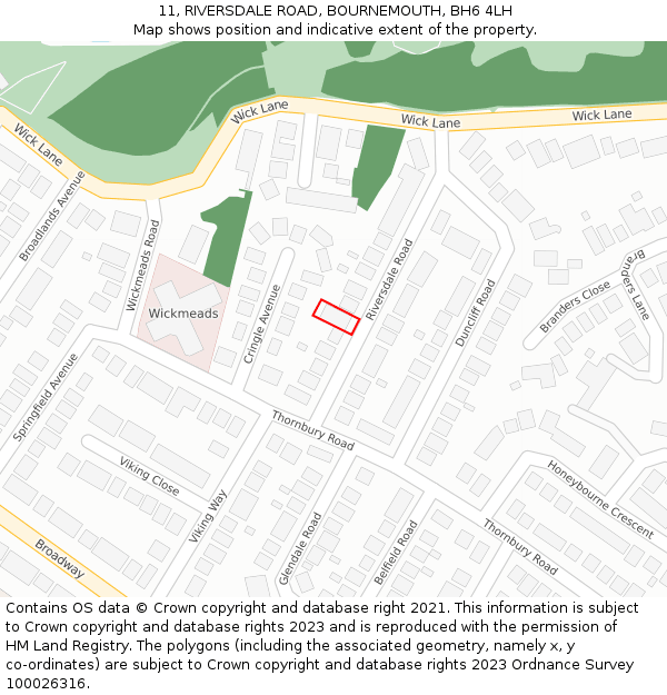 11, RIVERSDALE ROAD, BOURNEMOUTH, BH6 4LH: Location map and indicative extent of plot