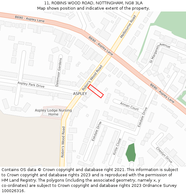 11, ROBINS WOOD ROAD, NOTTINGHAM, NG8 3LA: Location map and indicative extent of plot