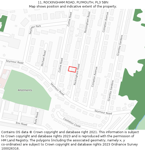 11, ROCKINGHAM ROAD, PLYMOUTH, PL3 5BN: Location map and indicative extent of plot