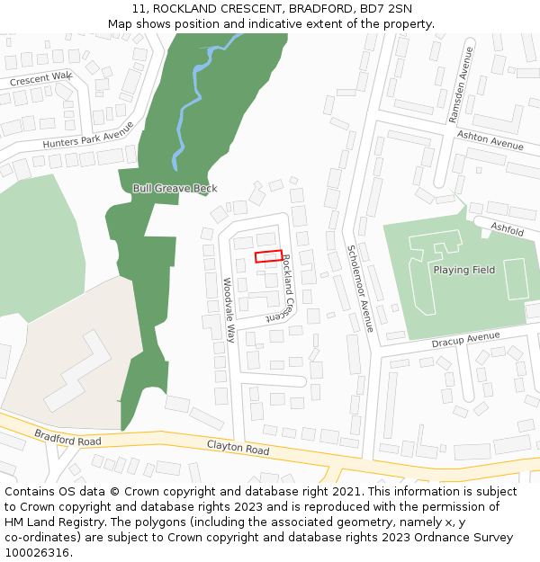 11, ROCKLAND CRESCENT, BRADFORD, BD7 2SN: Location map and indicative extent of plot