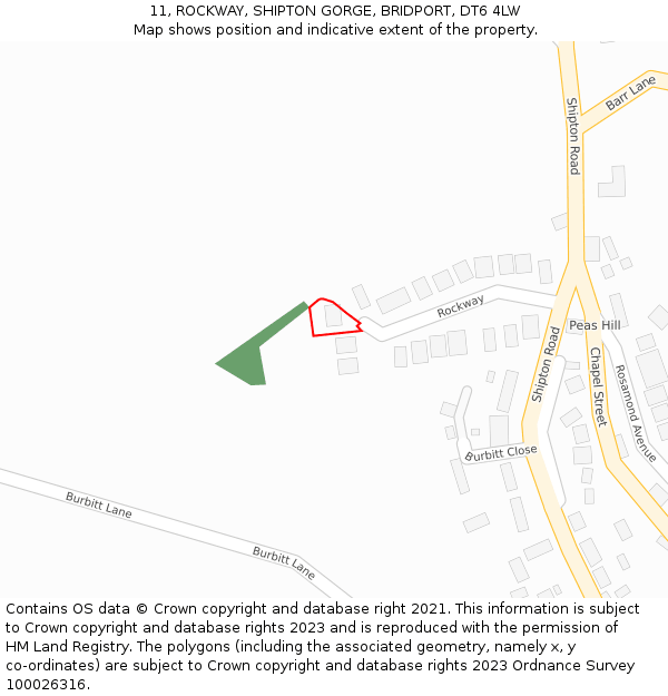 11, ROCKWAY, SHIPTON GORGE, BRIDPORT, DT6 4LW: Location map and indicative extent of plot