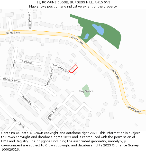 11, ROMAINE CLOSE, BURGESS HILL, RH15 0NS: Location map and indicative extent of plot