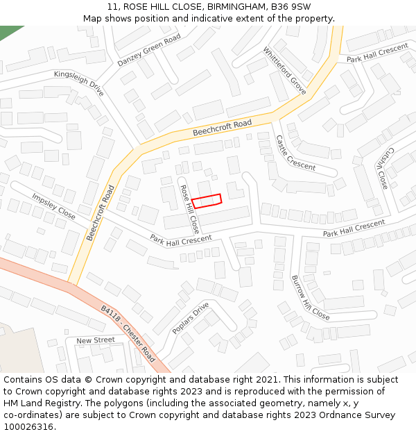 11, ROSE HILL CLOSE, BIRMINGHAM, B36 9SW: Location map and indicative extent of plot