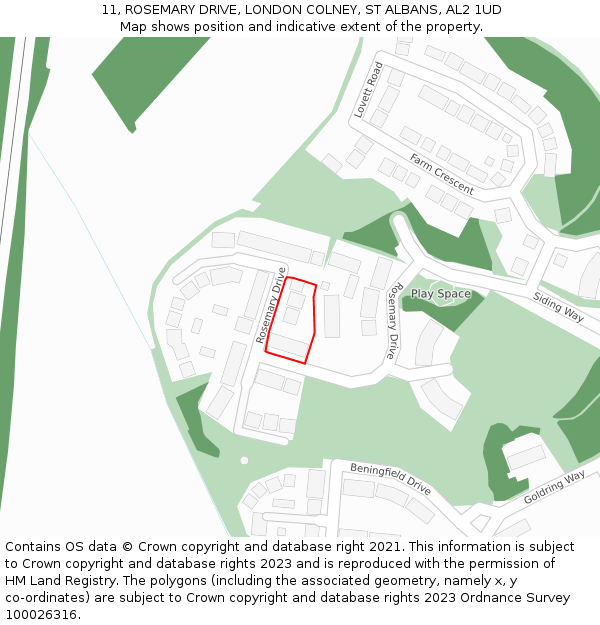 11, ROSEMARY DRIVE, LONDON COLNEY, ST ALBANS, AL2 1UD: Location map and indicative extent of plot