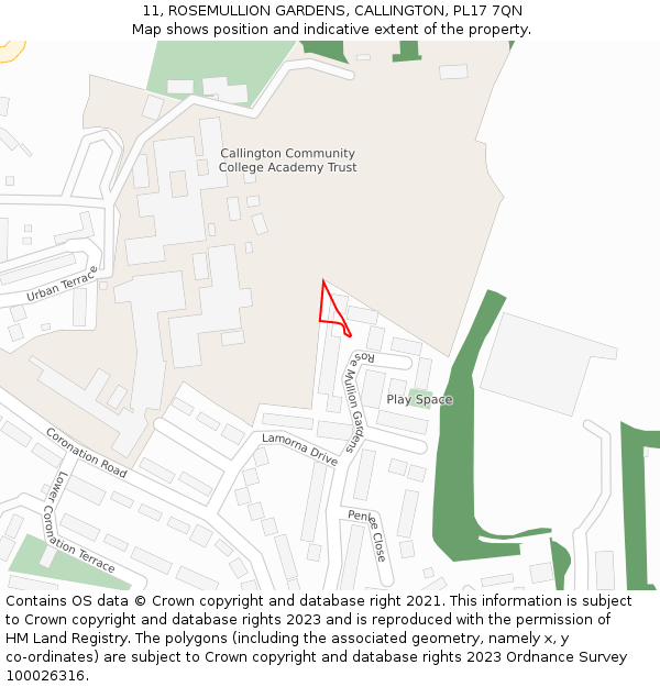 11, ROSEMULLION GARDENS, CALLINGTON, PL17 7QN: Location map and indicative extent of plot