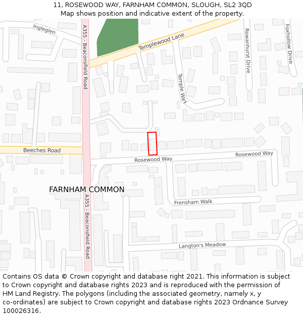 11, ROSEWOOD WAY, FARNHAM COMMON, SLOUGH, SL2 3QD: Location map and indicative extent of plot