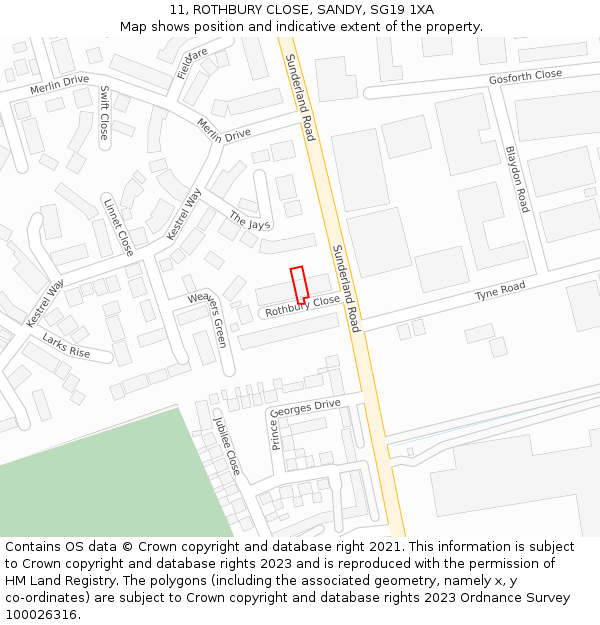 11, ROTHBURY CLOSE, SANDY, SG19 1XA: Location map and indicative extent of plot