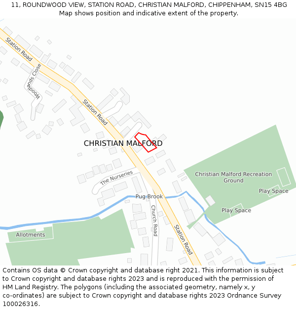 11, ROUNDWOOD VIEW, STATION ROAD, CHRISTIAN MALFORD, CHIPPENHAM, SN15 4BG: Location map and indicative extent of plot