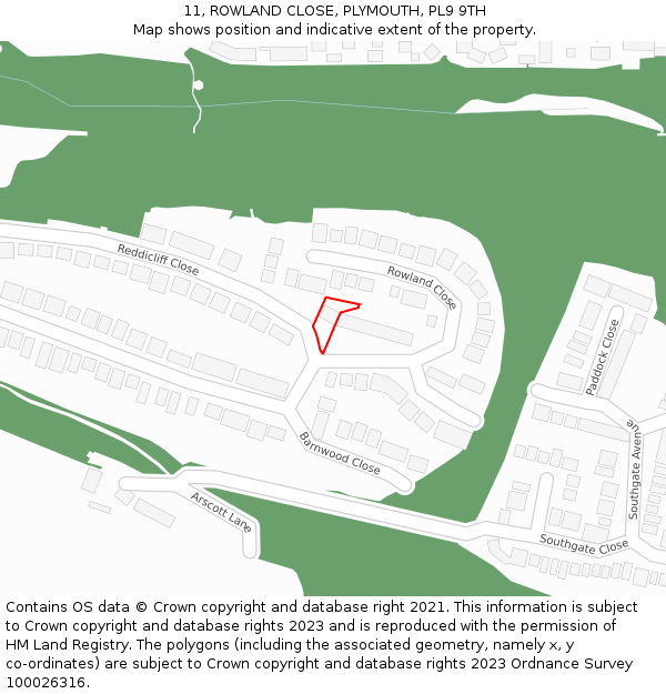 11, ROWLAND CLOSE, PLYMOUTH, PL9 9TH: Location map and indicative extent of plot