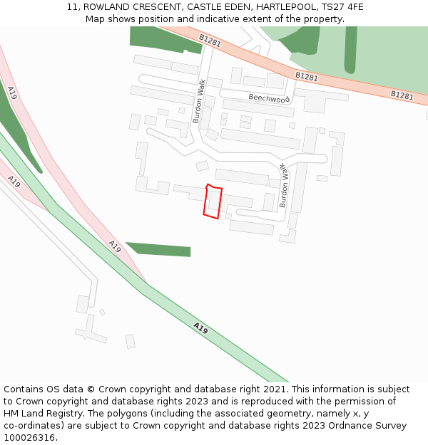 11, ROWLAND CRESCENT, CASTLE EDEN, HARTLEPOOL, TS27 4FE: Location map and indicative extent of plot