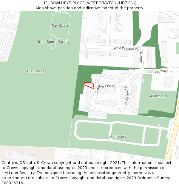 11, ROWLHEYS PLACE, WEST DRAYTON, UB7 9NQ: Location map and indicative extent of plot