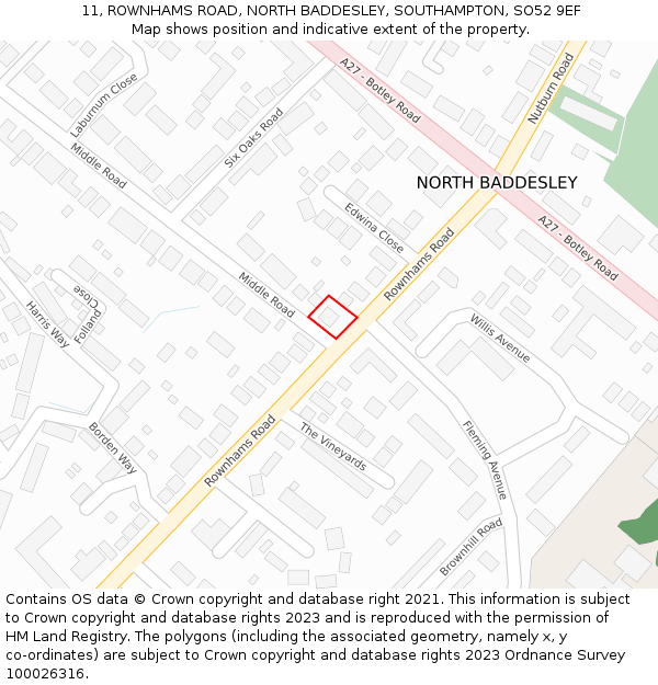 11, ROWNHAMS ROAD, NORTH BADDESLEY, SOUTHAMPTON, SO52 9EF: Location map and indicative extent of plot