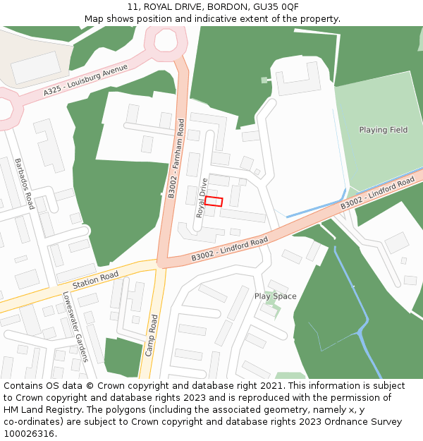 11, ROYAL DRIVE, BORDON, GU35 0QF: Location map and indicative extent of plot