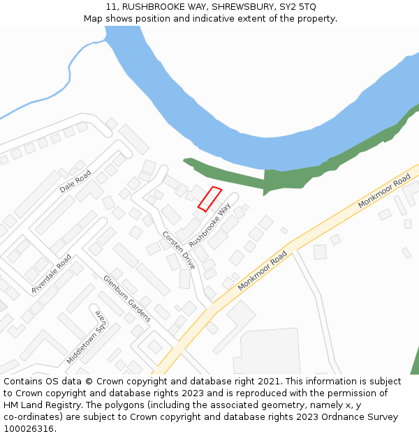 11, RUSHBROOKE WAY, SHREWSBURY, SY2 5TQ: Location map and indicative extent of plot
