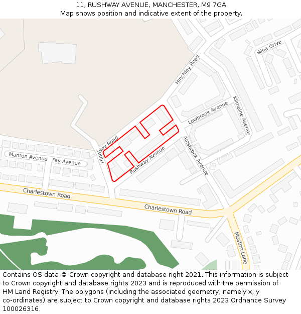 11, RUSHWAY AVENUE, MANCHESTER, M9 7GA: Location map and indicative extent of plot