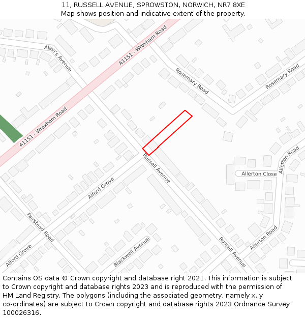 11, RUSSELL AVENUE, SPROWSTON, NORWICH, NR7 8XE: Location map and indicative extent of plot