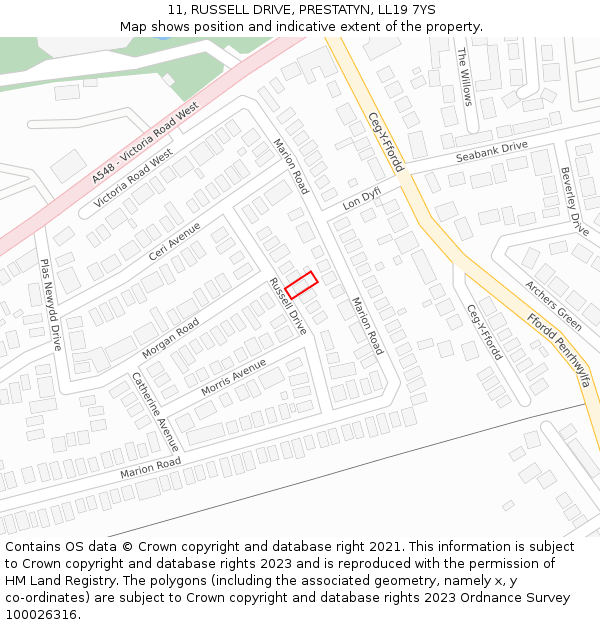 11, RUSSELL DRIVE, PRESTATYN, LL19 7YS: Location map and indicative extent of plot