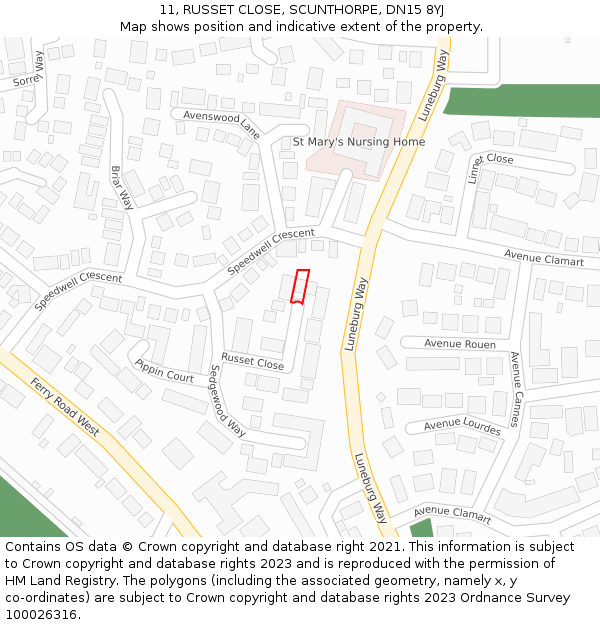 11, RUSSET CLOSE, SCUNTHORPE, DN15 8YJ: Location map and indicative extent of plot