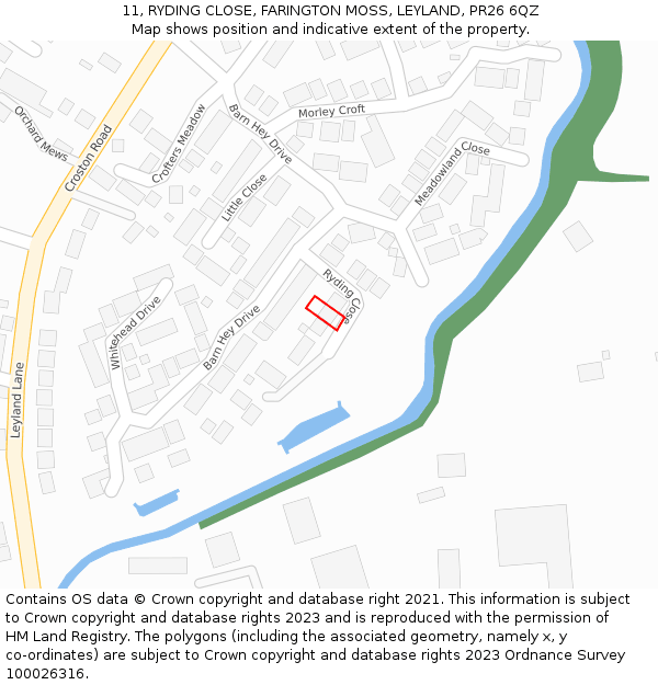 11, RYDING CLOSE, FARINGTON MOSS, LEYLAND, PR26 6QZ: Location map and indicative extent of plot