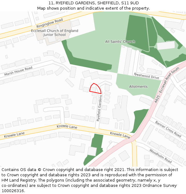 11, RYEFIELD GARDENS, SHEFFIELD, S11 9UD: Location map and indicative extent of plot
