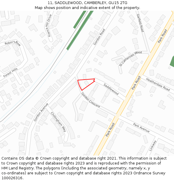 11, SADDLEWOOD, CAMBERLEY, GU15 2TG: Location map and indicative extent of plot