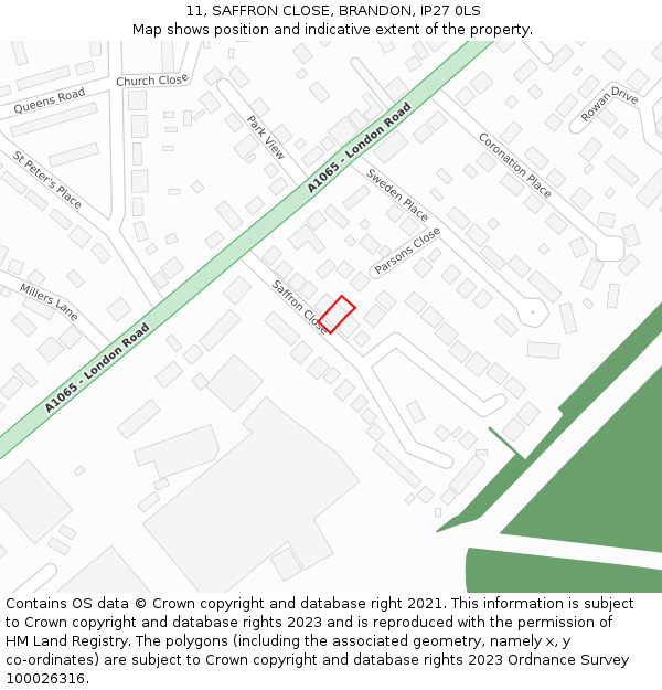 11, SAFFRON CLOSE, BRANDON, IP27 0LS: Location map and indicative extent of plot