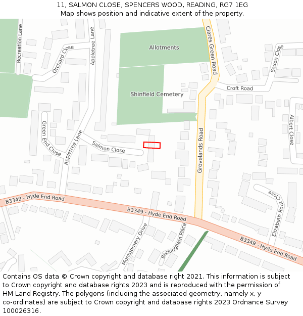 11, SALMON CLOSE, SPENCERS WOOD, READING, RG7 1EG: Location map and indicative extent of plot