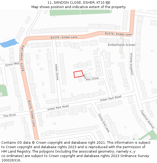 11, SANDON CLOSE, ESHER, KT10 8JE: Location map and indicative extent of plot