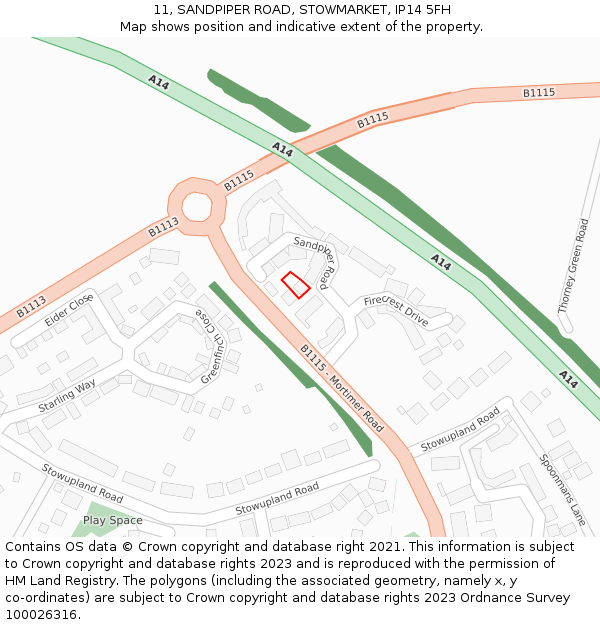 11, SANDPIPER ROAD, STOWMARKET, IP14 5FH: Location map and indicative extent of plot