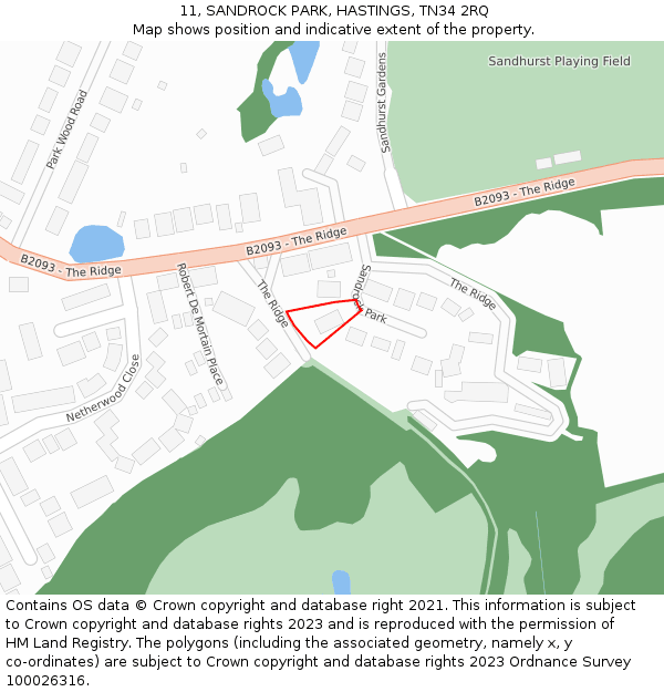 11, SANDROCK PARK, HASTINGS, TN34 2RQ: Location map and indicative extent of plot