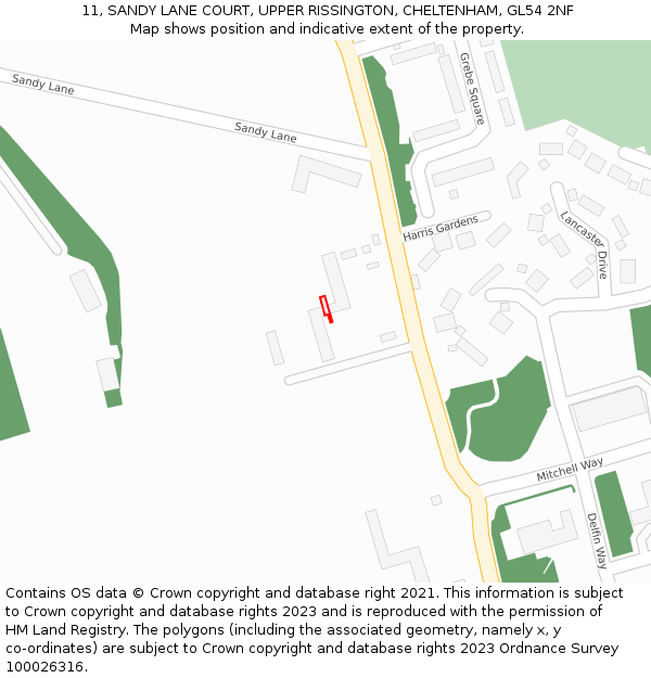 11, SANDY LANE COURT, UPPER RISSINGTON, CHELTENHAM, GL54 2NF: Location map and indicative extent of plot