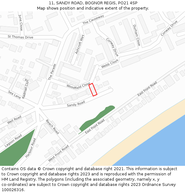 11, SANDY ROAD, BOGNOR REGIS, PO21 4SP: Location map and indicative extent of plot