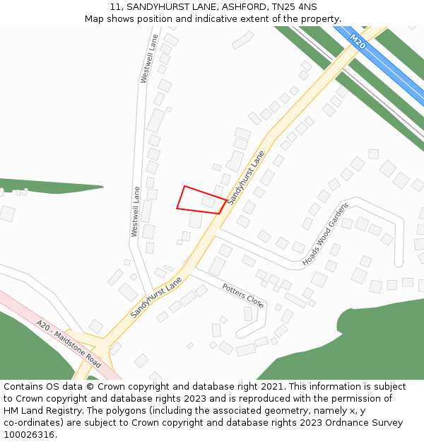11, SANDYHURST LANE, ASHFORD, TN25 4NS: Location map and indicative extent of plot