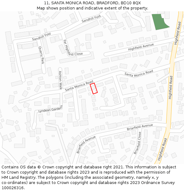11, SANTA MONICA ROAD, BRADFORD, BD10 8QX: Location map and indicative extent of plot