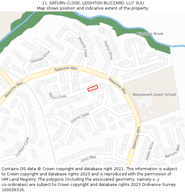 11, SATURN CLOSE, LEIGHTON BUZZARD, LU7 3UU: Location map and indicative extent of plot