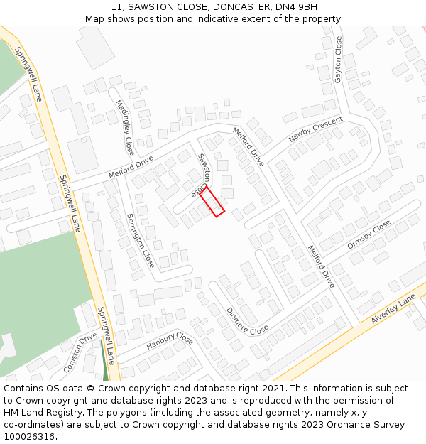 11, SAWSTON CLOSE, DONCASTER, DN4 9BH: Location map and indicative extent of plot