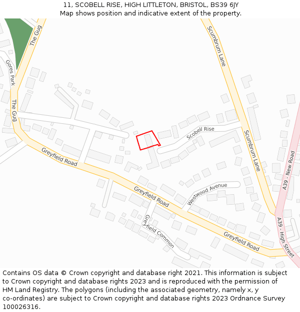 11, SCOBELL RISE, HIGH LITTLETON, BRISTOL, BS39 6JY: Location map and indicative extent of plot