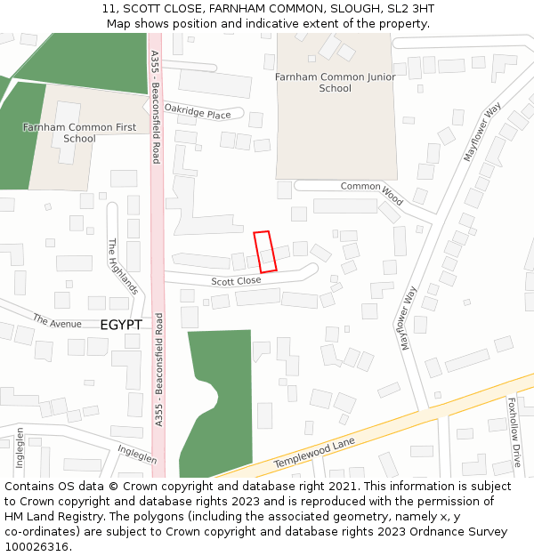 11, SCOTT CLOSE, FARNHAM COMMON, SLOUGH, SL2 3HT: Location map and indicative extent of plot