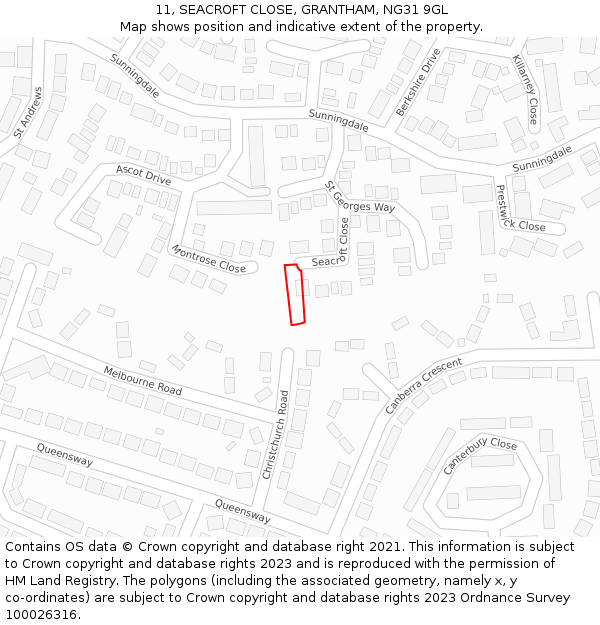 11, SEACROFT CLOSE, GRANTHAM, NG31 9GL: Location map and indicative extent of plot