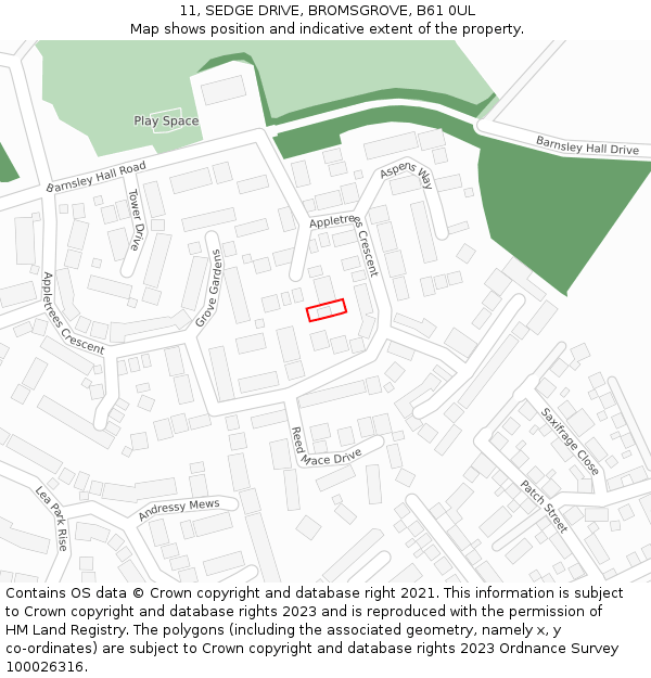 11, SEDGE DRIVE, BROMSGROVE, B61 0UL: Location map and indicative extent of plot