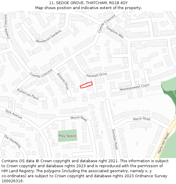 11, SEDGE GROVE, THATCHAM, RG18 4DY: Location map and indicative extent of plot