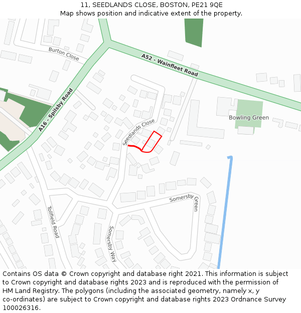 11, SEEDLANDS CLOSE, BOSTON, PE21 9QE: Location map and indicative extent of plot