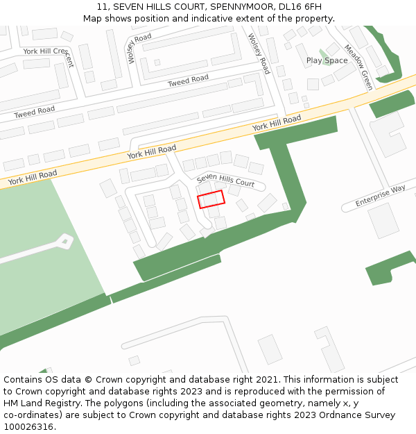 11, SEVEN HILLS COURT, SPENNYMOOR, DL16 6FH: Location map and indicative extent of plot