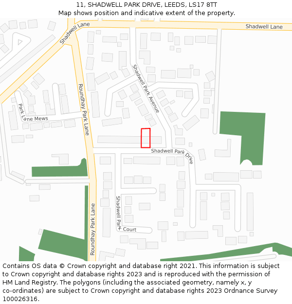 11, SHADWELL PARK DRIVE, LEEDS, LS17 8TT: Location map and indicative extent of plot