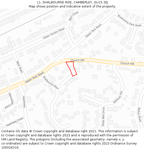 11, SHALBOURNE RISE, CAMBERLEY, GU15 2EJ: Location map and indicative extent of plot