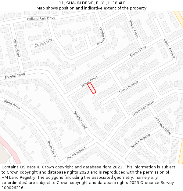 11, SHAUN DRIVE, RHYL, LL18 4LF: Location map and indicative extent of plot