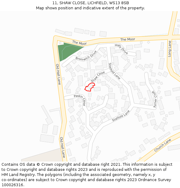 11, SHAW CLOSE, LICHFIELD, WS13 8SB: Location map and indicative extent of plot