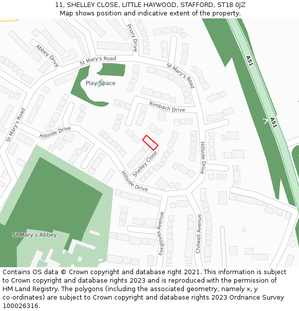 11, SHELLEY CLOSE, LITTLE HAYWOOD, STAFFORD, ST18 0JZ: Location map and indicative extent of plot