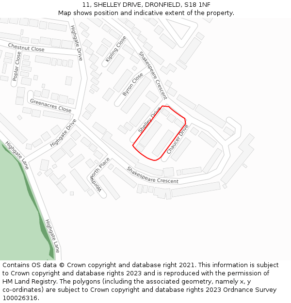 11, SHELLEY DRIVE, DRONFIELD, S18 1NF: Location map and indicative extent of plot