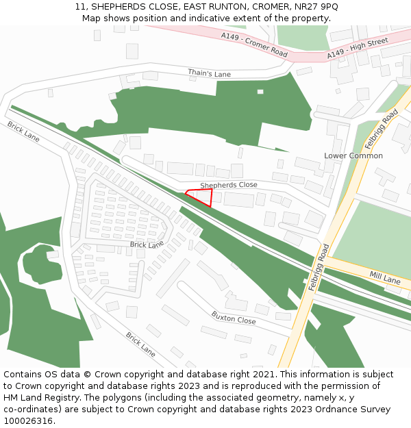 11, SHEPHERDS CLOSE, EAST RUNTON, CROMER, NR27 9PQ: Location map and indicative extent of plot